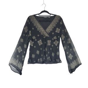 L Silk Bell Sleeve Surplice Wrap Blouse Babydoll Y2K 90s Style Sheer Top Shirt